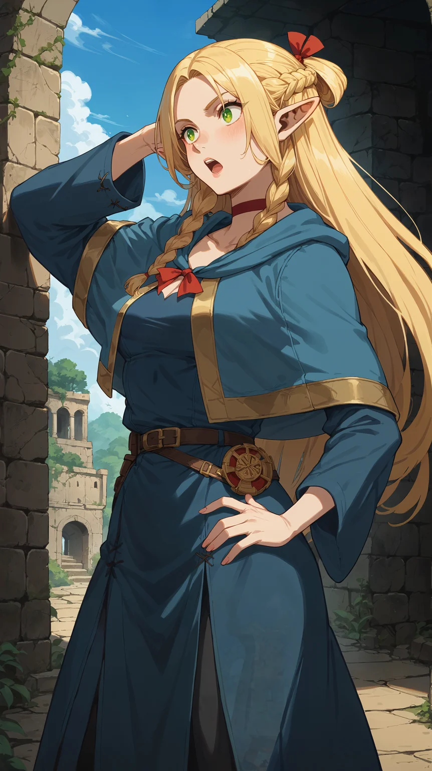 score_9,score_8_up,score_7_up,score_6_up, <lora:xl_more_art-full_v1:0.5>, source_anime, girl, dynamic pose, standing with hand on her hip, <lora:Marcille Donato - Pony:0.8>, long hair, blonde hair, braids, green eyes, pointy ears, elf ears, red hair ribbon, red choker, light blue capelet, blue robe, dungeon, large roots, ancient ruins,