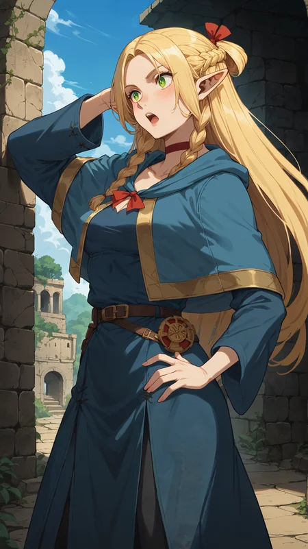 score_9,score_8_up,score_7_up,score_6_up, <lora:xl_more_art-full_v1:0.5>, source_anime, girl, dynamic pose, standing with hand on her hip, <lora:Marcille Donato - Pony:0.8>, long hair, blonde hair, braids, green eyes, pointy ears, elf ears, red hair ribbon, red choker, light blue capelet, blue robe, dungeon, large roots, ancient ruins,