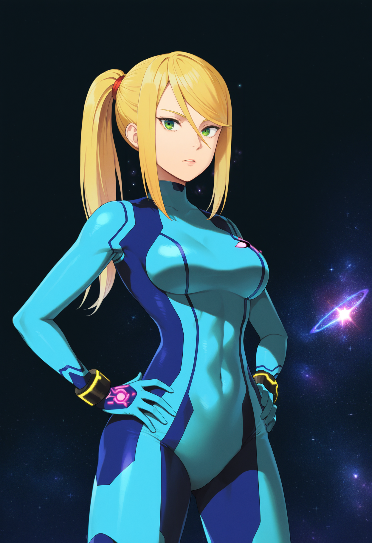 best quality, amazing quality, very aesthetic, absurdres,
BREAK
(black background, galaxy background, starry background:1.8)
1girl, samus aran, green eyes, blonde hair, medium hair, ponytail, sidelocks,
blue bodysuit,
looking at viewer, standing, hands on hips, <lora:MoryoNoob_byKonan:1>