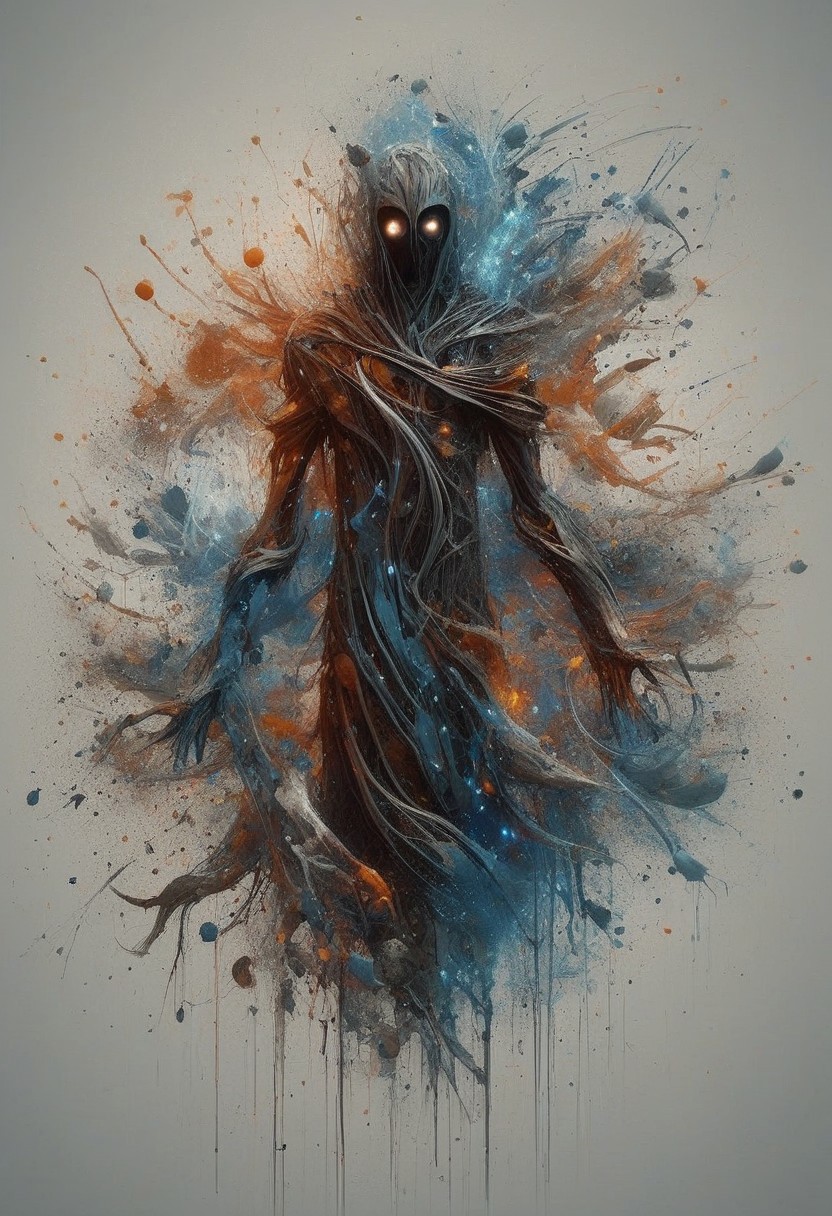 horror film style the image portrays a dark and enigmatic figure, clad in a long cloak that obscures their identity. the figure is situated within a circular motif composed of splattered black ink, reminiscent of an ethereal halo or aura surrounding them. this motif encircles the figure, further emphasizing its significance. the backdrop consists of redish splatters, which contrast with the darker tones of the figure and the black motif. these splatters are scattered across the canvas, creating a sense of chaos and unpredictability. overall, this artwork exudes a mysterious and dramatic atmosphere, leaving viewers to speculate about the identity and intentions of the cloaked figure at its center. . suspenseful music, dark visuals, supernatural events, jump scares 
photography. Natural geographic photo. trending on artlist, Hyper-realistic, 16k resolution, intricate details.
(masterpiece, award winning artwork)
many details, extreme detailed, full of details,
Wide range of colors, high Dynamic
 OverallDetailXL
<lora:add-detail-xl:0.95>
<lora:WildcardX-XL-Detail-Enhancer:0.9>
<lora:xl_more_art-full_v1:0.2>
<lora:ElementsMixSDXL:1> ElementsMix, fire, water, wind, earth