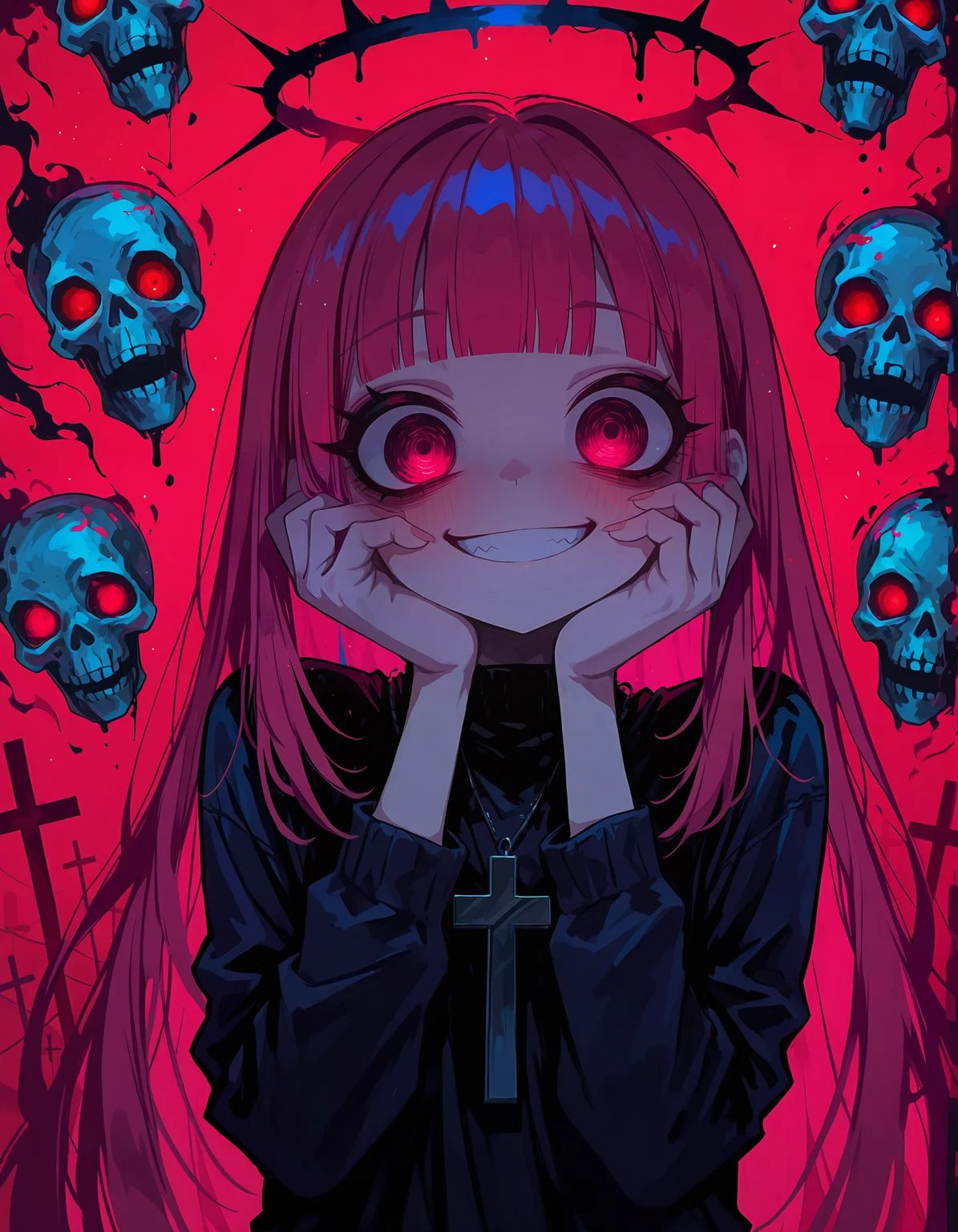 masterpiece, newest, incredibly absurdres, highres, <lora:3Y3S_style:1>,3Y3S_illu,toon \(style\),traditional media,1girl, smile, solo, hands on own face, long hair, red eyes, cross, halo, bangs, hands on own cheeks, looking at viewer, grin, long sleeves, red background, cross necklace, jewelry, blunt bangs, necklace, skull, upper body,glowing,