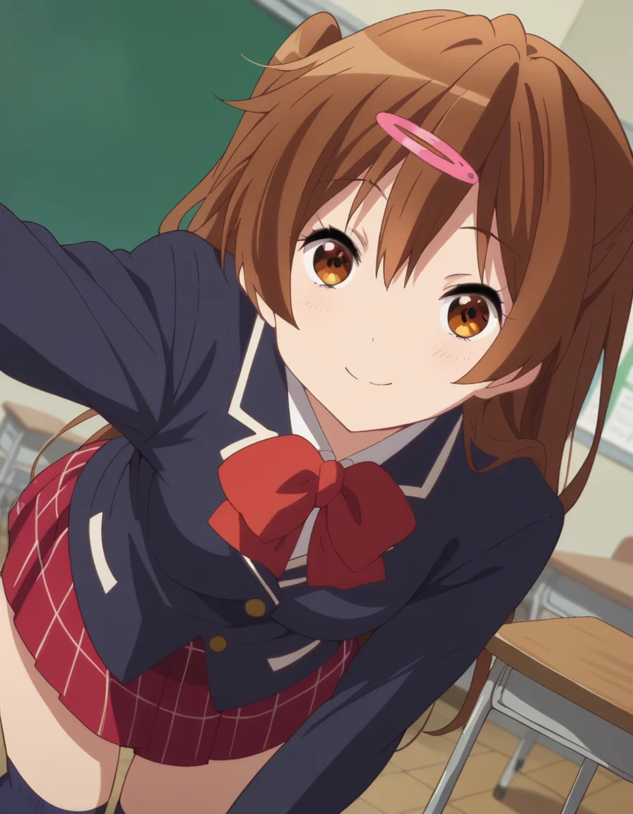 score_9, score_8_up, score_7_up, source_anime,
shinkanibutani, <lora:shinka-nibutani-s2-ponyxl-lora-nochekaiser:1>,
shinka nibutani, long hair, brown hair, hair ornament, brown eyes, hairclip, one side up,
skirt, school uniform, jacket, plaid, kneehighs, plaid skirt, blazer, icho private high school uniform, blue blazer,
indoors, classroom, bent over, smile,
looking at viewer, cowboy shot, dutch angle, solo,