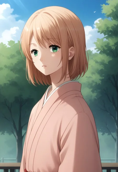 score_9, score_8_up, score_7_up, source_anime, highly detailed,
anna, 1girl, solo, green eyes, medium hair, bangs, peach blonde hair, japanese clothes, kimono,
outdoor, sky, blue sky, trees,
