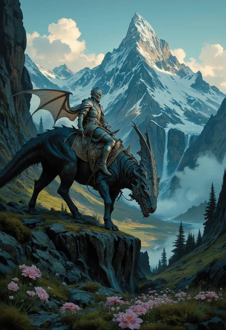 8k high quality digital painting , masterpiece, very detailed, ultra realistic, (best quality) very detailed epic masterpiece, 
unearthly beautiful, a breathtakingly beautiful landscape in the French Alps, in the foreground a shiny knight riding on a black dinosaur-like dragon watches a beautiful castle in the distance, the low  sun casts long shadows, enchanting landscape, fairytale-like, calm mood, flowers in the foreground, realistic