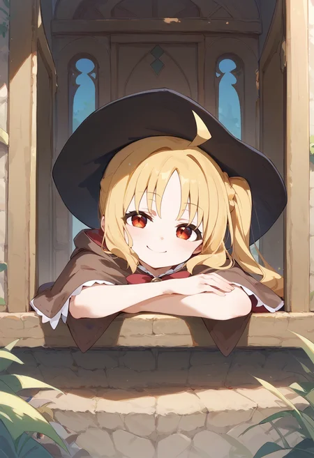 score_9,score_8_up,score_7_up,
<lora:Nijika_Pony-10:0.8> Ijichi_Nijika red eyes, blonde hair, ahoge, side ponytail, small breasts, smile,
from outside window, looking at viewer, smile, head rest arm rest, <lora:from_outside_window_24re_pony_2_d4:1> <lora:head_rest_arm_rest_pony_1:1>
brown cloak, brown capelet, witch hat, black hat, witch dress short dress,