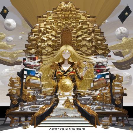 noodles, robot, ring, throne, scroll, navel, gold, kimono, scenery, very long hair, dated, blonde hair, size difference, collarbone, planet