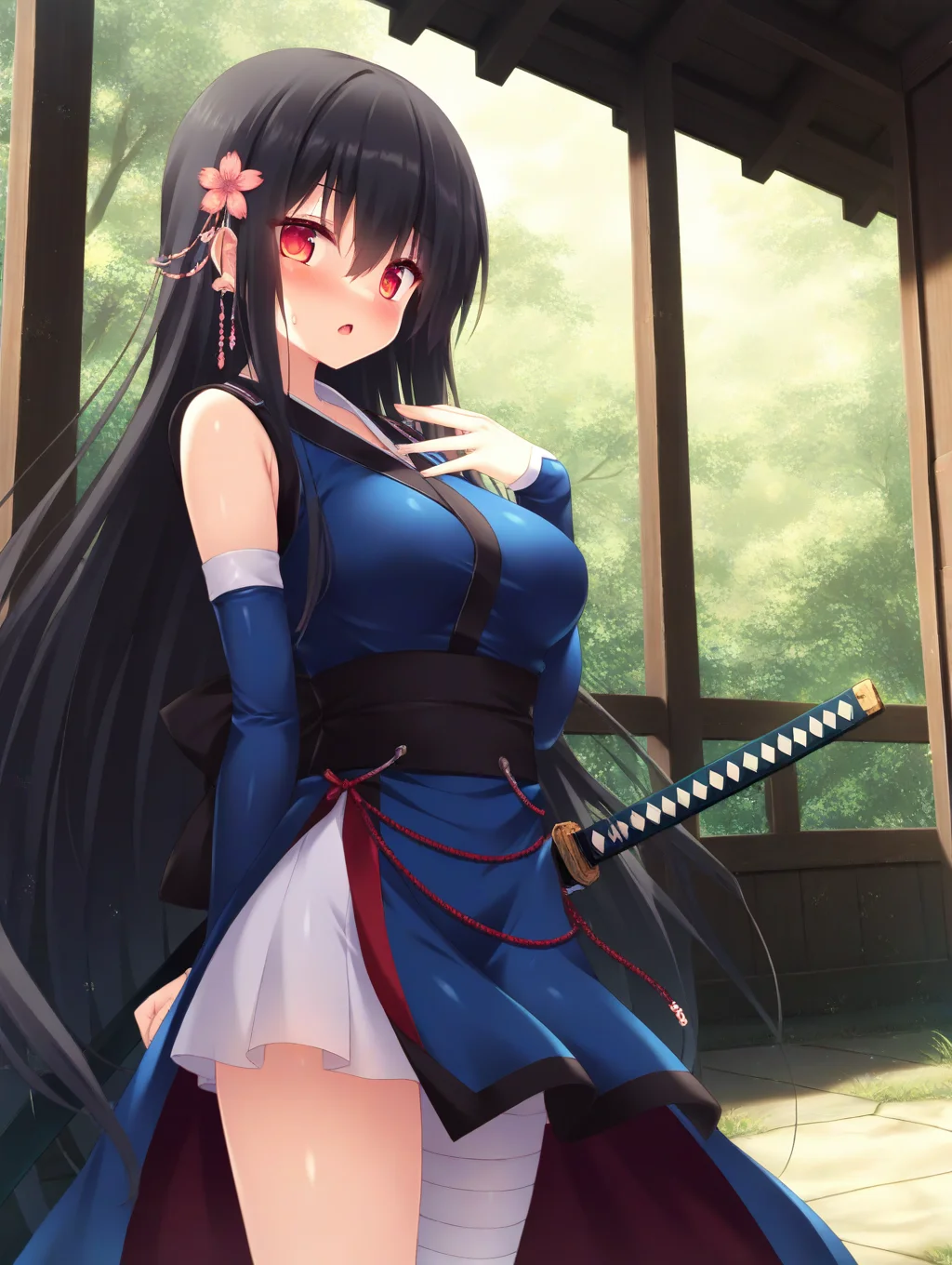 masterpiece,best quality,amazing quality,very aesthetic,absurdres,newest,scenery,<lora:Kotone_ilxl_v1-000010:0.8>,1girl,long hair,black hair,weapon,solo,sword,hair ornament,red eyes,detached sleeves,looking at viewer,katana,blush,open mouth,sash,very long hair,flower,breasts,kotone,standing,pov