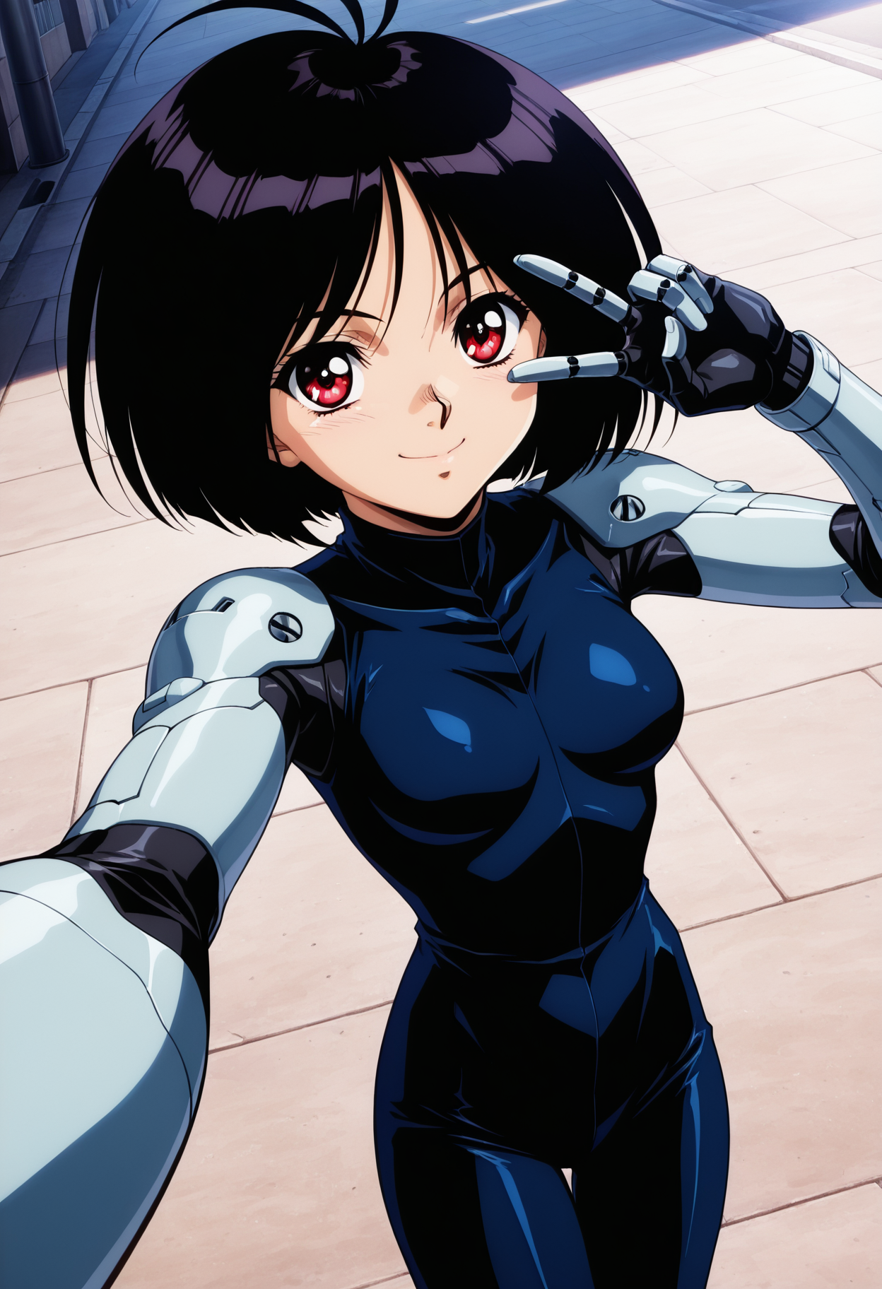 masterpiece, best quality,  absurdres, highres, cinematic light, 1girl, solo, <lora:gally-Illustrious:1>gally_wz, short hair, bob cut, black hair, red eyes, antenna hair, mechanical arms, bodysuit,  cyborg, 1990s \(style\), retro artstyle, pov, selfie, smile, street, day, v over eye,  <lora:anime_screencap-Illustrious_1064755:1> anime screencap, anime coloring