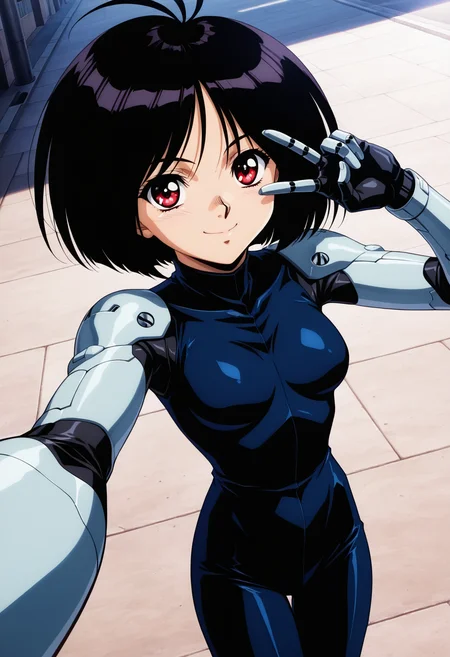masterpiece, best quality,  absurdres, highres, cinematic light, 1girl, solo, <lora:gally-Illustrious:1>gally_wz, short hair, bob cut, black hair, red eyes, antenna hair, mechanical arms, bodysuit,  cyborg, 1990s \(style\), retro artstyle, pov, selfie, smile, street, day, v over eye,  <lora:anime_screencap-Illustrious_1064755:1> anime screencap, anime coloring