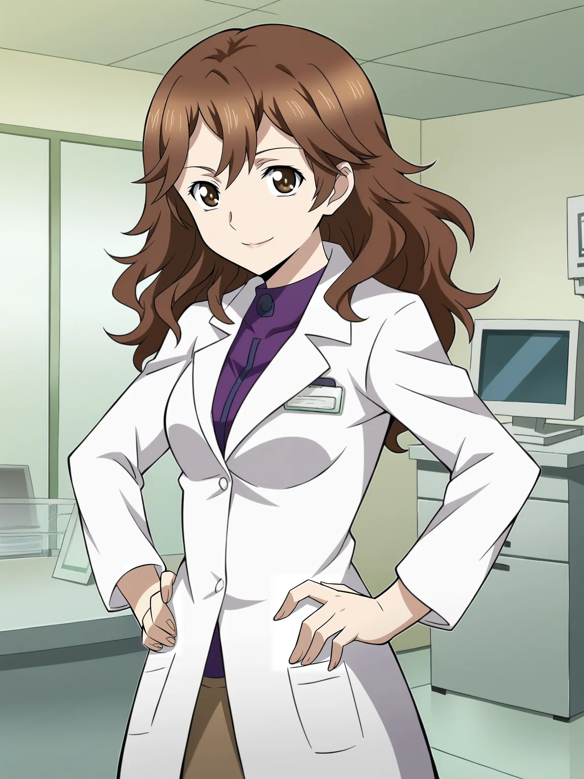 <lora:Haruka_Ouma-Guilty_Crown:1>,haruka,1girl,brown hair,brown eyes,long hair,shirt,skirt,lab coat,hands on own hips,looking at viewer,indoors,smile