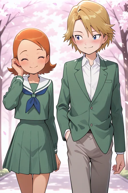 masterpiece, absurdres, newest, perfect quality, best quality, absolutely eye-catching, amazing quality, very aesthetic, high resolution, ultra-detailed, duo, 1boy, yamato_ishida_02, 1girl, sora_takenouchi_02, green blazer, white shirt, collared shirt, grey pants, green serafuku, looking at another, facing another, smile, closed eyes, blush, tucking hair, walking, detailed background, outdoors, day, cherry blossoms, wind, volumetric lighting, vibrant colors