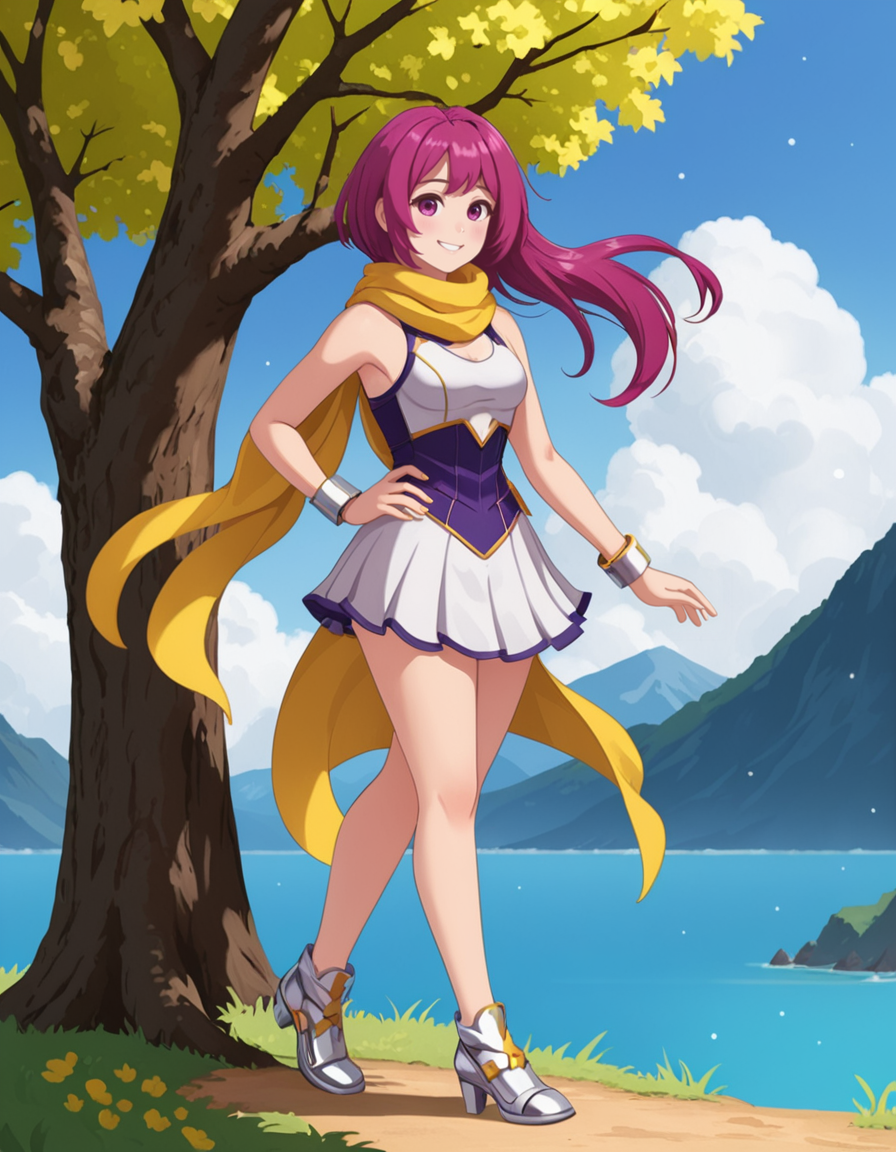 OneStepFromEdenStyle, 1girl, wide_hips, blush}, solo, outdoors, [yellow] scarf, [purple] eyes, [Magenta] hair, smile, full_body, high_fantasy, silver footwear
 <lora:OneStepFromEdenStyle_Illustrious:1>