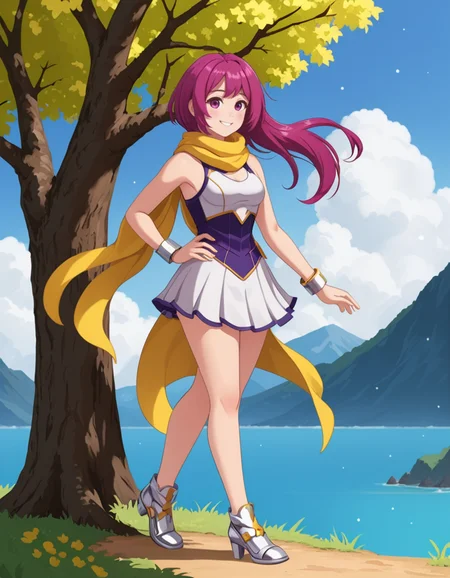 OneStepFromEdenStyle, 1girl, wide_hips, blush}, solo, outdoors, [yellow] scarf, [purple] eyes, [Magenta] hair, smile, full_body, high_fantasy, silver footwear
 <lora:OneStepFromEdenStyle_Illustrious:1>