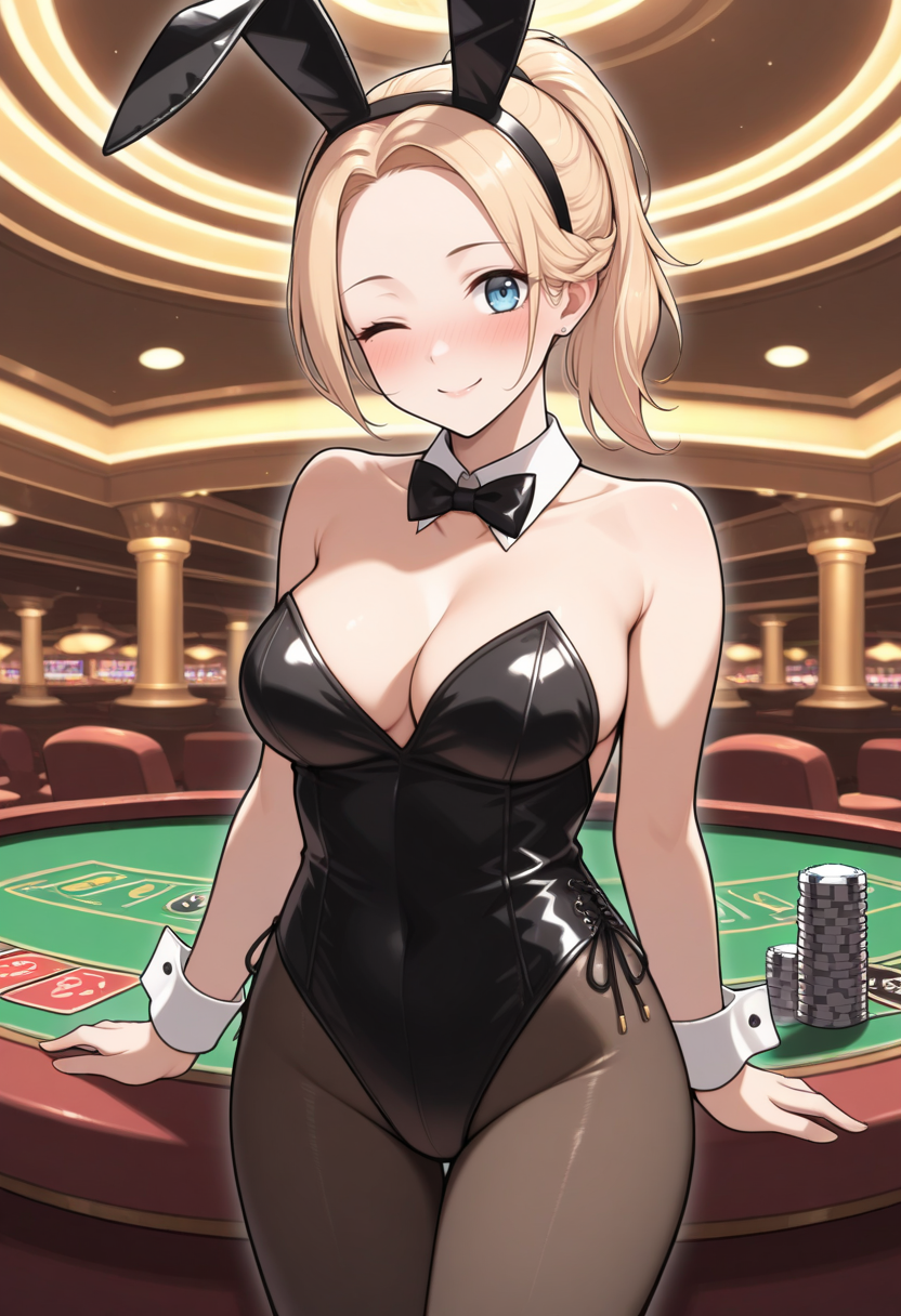 masterpiece, best quality, 1girl, solo, looking at viewer, cowboy shot, casino, blush, smile, wink
<lora:zs_CindyILLU:1> c1ndyreoutbreak, blonde hair, ponytail, blue eyes, black playboy bunny outfit, black pantyhose