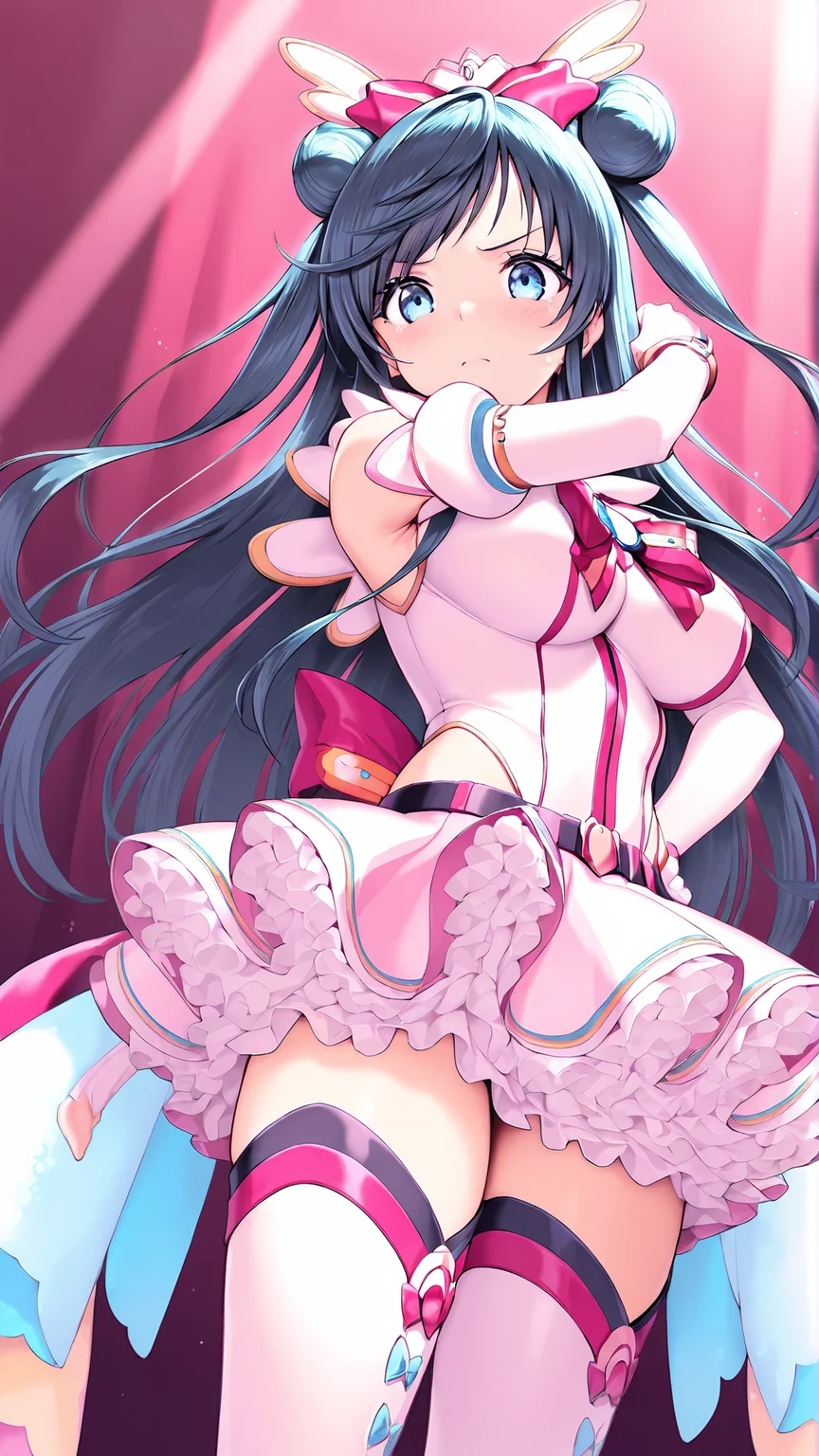 amazing quality,absurdres,best quality,masterpiece,highres,newest,detailed,detailed body,detailed face,masterpiece,best quality,solo,
ãµã¼ãã£,1girl,solo,long hair,black hair,blue eyes,hair bun,double bun,magical girl,white gloves,elbow gloves,thigh boots,bow,<lora:éæ³ã®ç天使ãµã¼ãã£:1>,