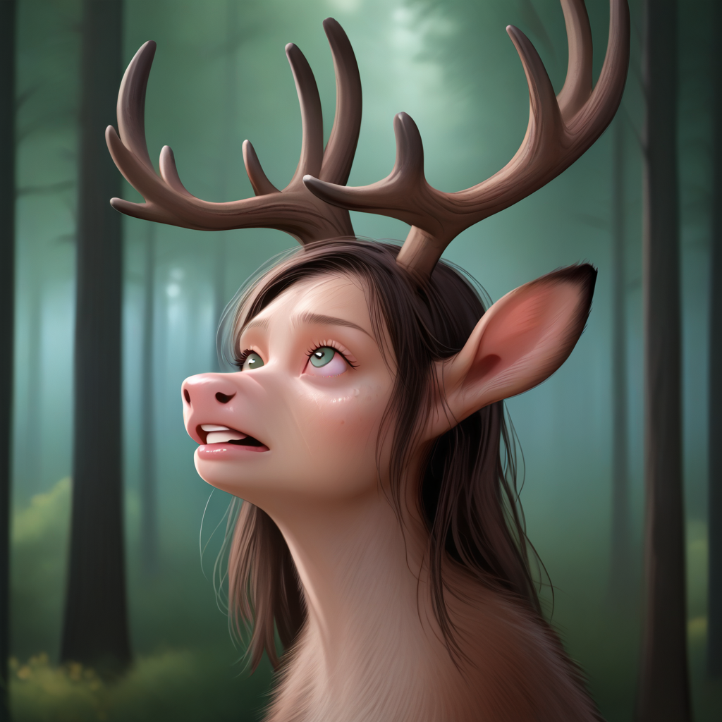 <lora:Pony - Liminalbean Style:1> l1minalbean, byl1minalbean, 1girl, solo, face focus, portrait, transformation, looking up, deer, antlers, snout growth, forest, detailed background, side view