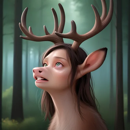 <lora:Pony - Liminalbean Style:1> l1minalbean, byl1minalbean, 1girl, solo, face focus, portrait, transformation, looking up, deer, antlers, snout growth, forest, detailed background, side view
