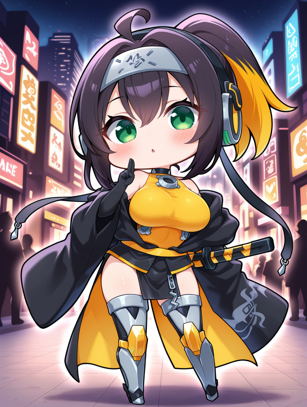 sp little knight,official alternate costume,yellow thigh boots,1girl,solo,chibi,full body,blush,looking at viewer,standing,parted lips,large breasts,hand up,open clothes,silver forehead protector,yellow headphones,black off-shoulder coat,black elbow gloves,yellow leotard,black pelvic curtain,black ribbon,kuji-in gesture,scabbard,cityscape,
masterpiece,best quality,amazing quality,very aesthetic,absurdres,newest,<lora:Sp Little Knight & S-Force Rappa Chiyomaru illusXL v1.1:0.75>,