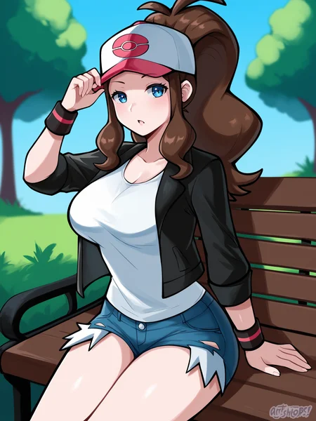 score_9, score_8_up, score_7_up, score_6_up, score_5_up, score_4_up,
BREAK
1girl, hilda \(pokemon\), brown hair, ponytail, cap,
BREAK
solo, sitting, denim shorts, white crop top, black jacket, large breasts,
BREAK
park, bench, angled shot, dynamic pose, dynamic angle, <lora:Lunas-Artsheops-SDXL-A1:1>