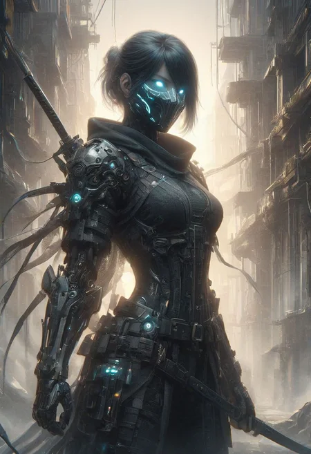 (((Ultra-detailed, Hyper-realistic, 8k, highres, masterpiece))),(full length highly detailed intricate cyborg demonic-skeletal) (tattered cloak),((highly detailed tech body,decaying parts, Intricate exposed wiring, exposed wires,exposed circuitry,electric glow)),((highly detailed cyber-skeletal tech-mask,signs of decay,exposed wiring, exposed wires,exposed circuitry,electric glowing eyes)),in a highly detailed Labratory background with Test tubes,holographic screens,covered in pulsing electricity,cyber setting,cinematic,realistic,science fiction,dark colours,background light,e,<lora:XL_Weapon_Sword_-_By_HailoKnight_2:0.8>,Wielding sword,<lora:add-detail-xl:1>,<lora:ArmorSuit_v01:0.8>, armorsuit,