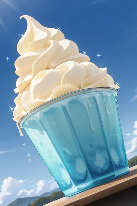 realistic shading, natural lighting, food focus, dafoodie, sparkling food focus, sparkle, delicious ice cream, dripping, outdoors blue sky, dutch angle, dynamic angle, intricately detailed illustration, depth of field, atmospheric perspective, masterpiece, best quality, amazing quality, very aesthetic, absurdres, newest