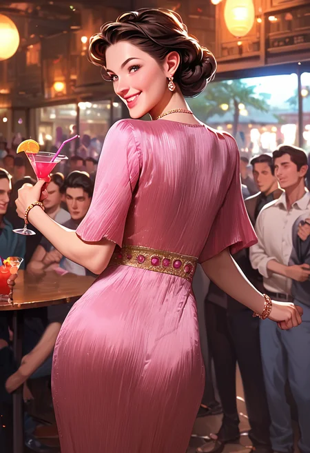 score_9,score_8_up,score_7_up, (from behind:0.5), 1girl, 1boy, slender, (large breasts, small ass:0.7), full lips, flirting, smile, action pose, crowd, men, cocktail party , indoors, evening, pink Fortuny dress,<lora:Fortuny_Pony-_Panache:1.1> fabric texture, perfect face, jewelry, female focus