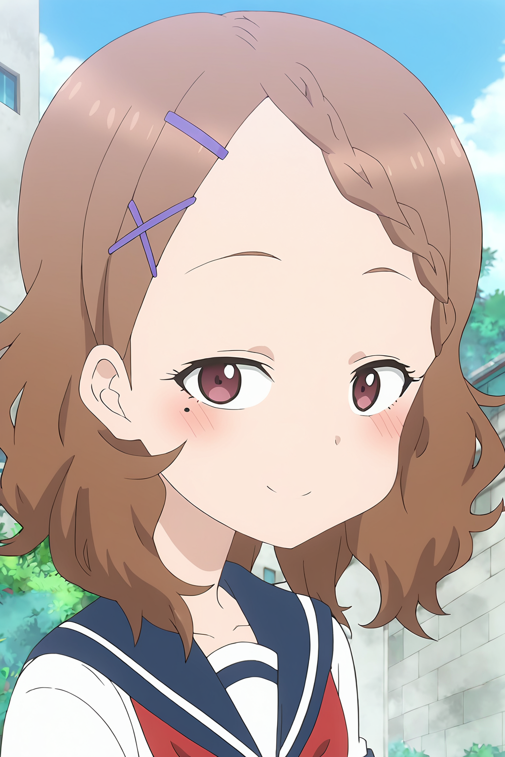 score_9,score_8_up,source_anime,, <lora:houjou-pony_narcissu:1>, 1girl,solo,houjou, houjou_(takagi-san),brown hair, hairclip, mole, mole under eye, braid, x hair ornament, medium hair, brown eyes, braided bangs, school uniform, serafuku, skirt, blue skirt, red neckrchief, short sleeves, blue sailor collar,black socks,anime screencap, standing blush,upper body,looking at view,smile,looking at viewer