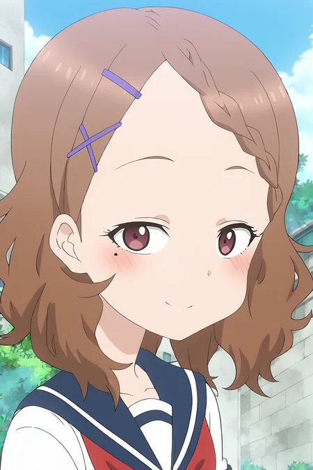 score_9,score_8_up,source_anime,, <lora:houjou-pony_narcissu:1>, 1girl,solo,houjou, houjou_(takagi-san),brown hair, hairclip, mole, mole under eye, braid, x hair ornament, medium hair, brown eyes, braided bangs, school uniform, serafuku, skirt, blue skirt, red neckrchief, short sleeves, blue sailor collar,black socks,anime screencap, standing blush,upper body,looking at view,smile,looking at viewer