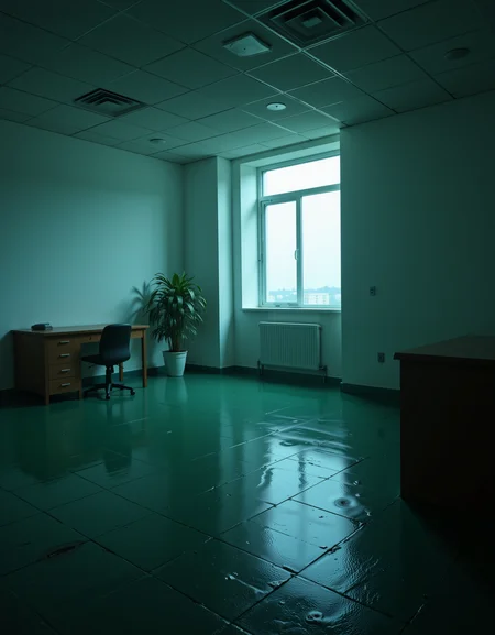 empty liminal office room. Dimly lit. Large room with a small desk in the corner. There is a potted plant next to the desk. Incondescent lighting sets the retro-office off-white tone. Creepy emptiness. The room has no windows.