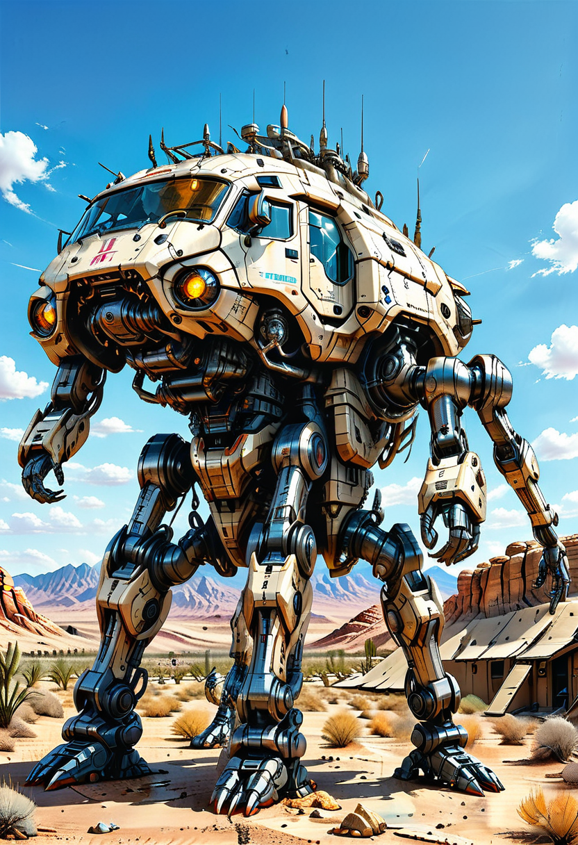 robot, mecha, science fiction, desert, cloud, sky, mountain, day, military, realistic, damaged, claws, Walking vehicle
(ultra sharp focus:2), (detailed windows:2), (thin lines:2), 
(best quality:1.8),
<lora:Apparatus - Traction City Walkers Vehicles_epoch_11:0.8>