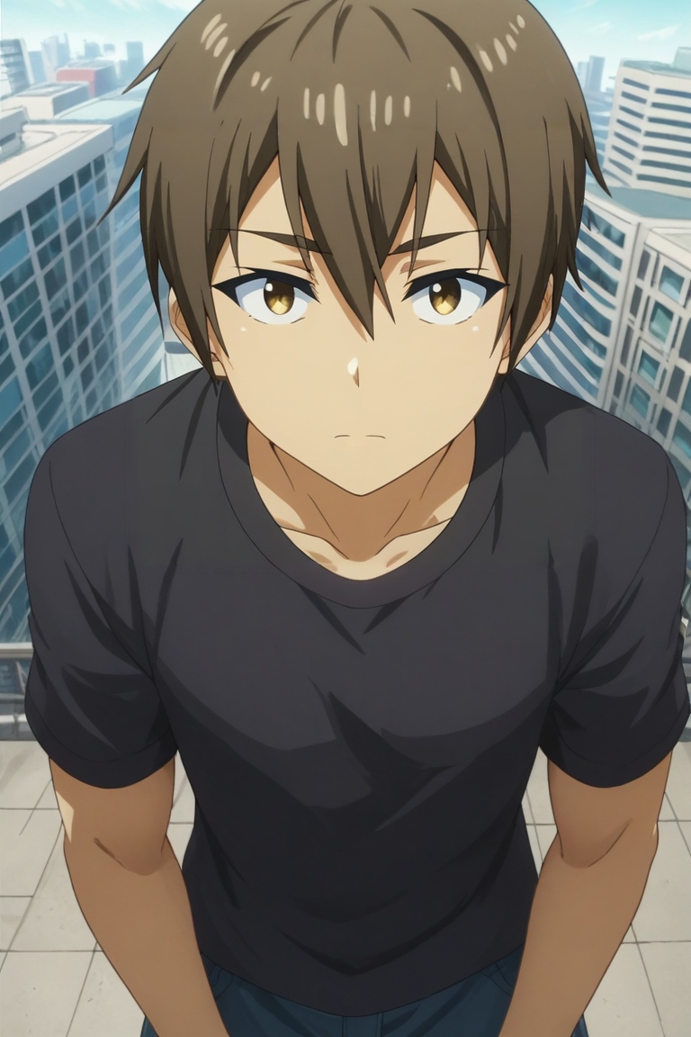 score_9, score_8_up, score_7_up, , rating_safe, , , looking at viewer, , 1boy, solo, male focus, <lora:hideki_nishimura_pony:1>, hideki_nishimura, brown hair, brown eyes, short hair, hair between eyes, ahoge, from above, rooftop, tokyo \(city\), building, skyscraper, noon, (dynamic pose:1.2), sad, , <lora:sdxl_lightning_8step_lora:1>