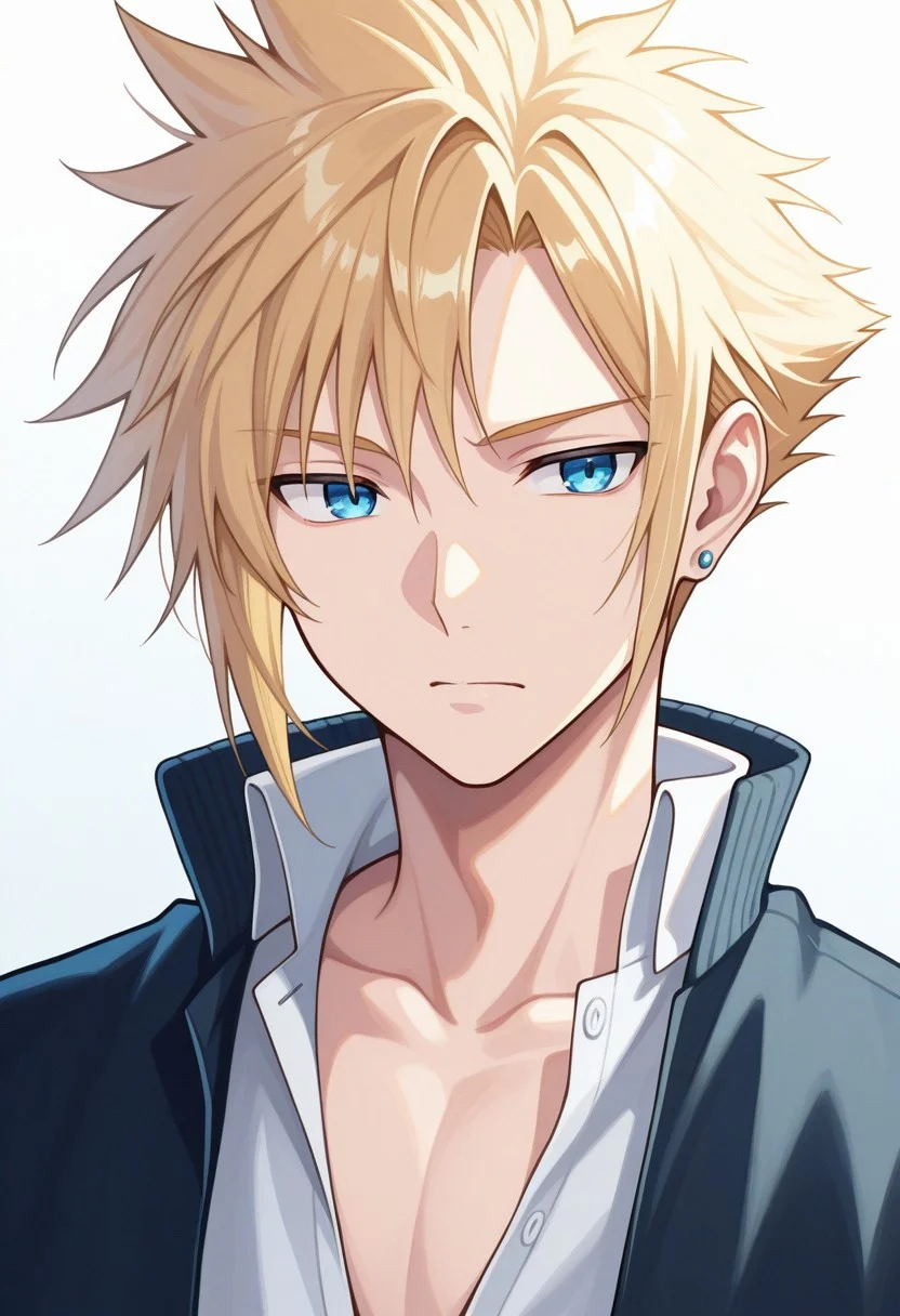 masterpiece,best quality,amazing quality, source_anime,
SoutouKumo, 1boy, male focus, solo, blue eyes, blonde hair, spiked hair, jewelry, earrings, high collar, open collar,