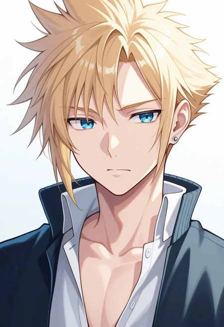 masterpiece,best quality,amazing quality, source_anime,
SoutouKumo, 1boy, male focus, solo, blue eyes, blonde hair, spiked hair, jewelry, earrings, high collar, open collar,