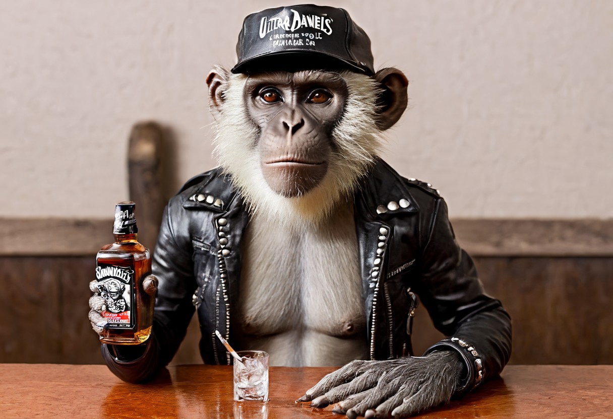 "Vervet monkey", "ultra realistic with high quality and ultra detail with excellent focus of Vervet monkey, presented as a rocker, rocker leather jacket and rocker leather hat on head, sitting at a bar in a (smoky setting), rocker pub , (smoking cigarette in ashtray ), a bottle of Jack Daniels whiskey, a half-full glass of whiskey and ice cubes