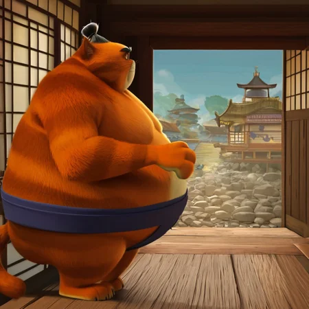 (detailed face, detailed background, perfect eyes, perfect anatomy, masterpiece, best quality), Sumo, cat, fat, whiskers, cat ears, dark blue sumo belt, furry, blue eyes, thick eyebrows, sharp teeth, colored sclera, pale yellow sclera, tiny pink nose, stubby tail, crop of black hair braided into a small bun, black unibrow, indoors, sliding door, Japanese village,