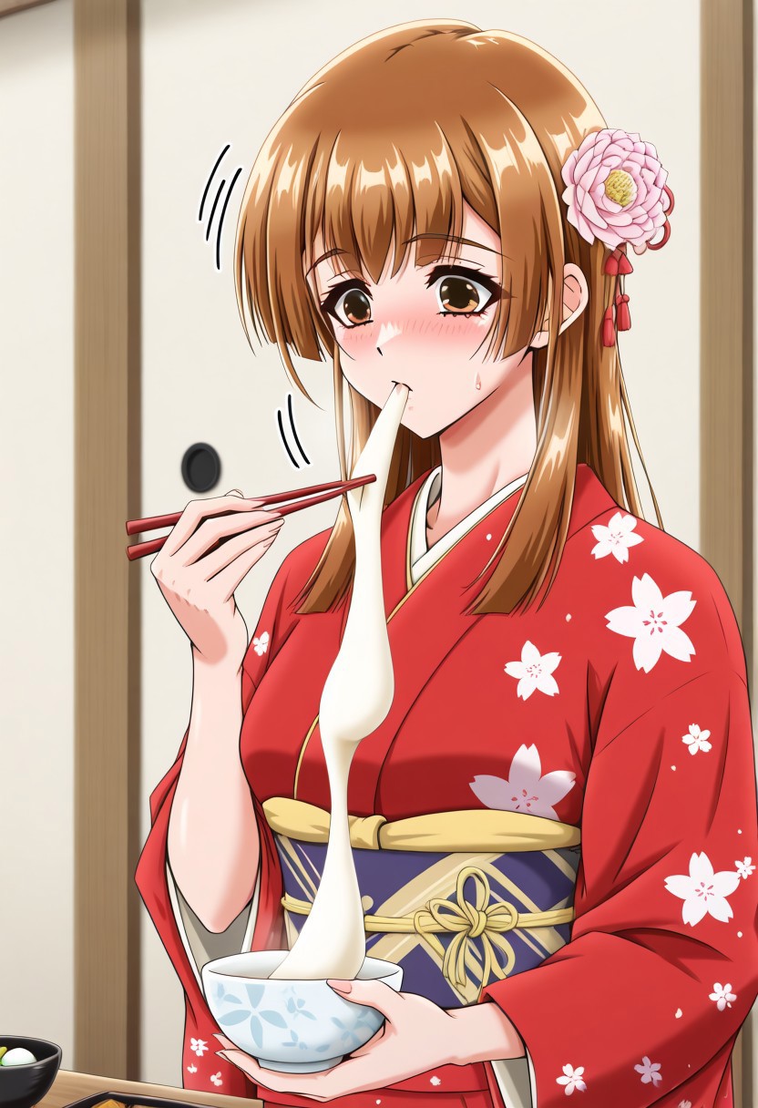 masterpiece, best quality, newest, highres, uncensored, 1girl, yokota mamoru style,motion lines,1girl,Katakura Eimi,Brown Hair, Long Hair, Sidehair, Spiky Bangs, Straight Hair,Brown Eyes, Tareme Eyes, Slim，kimono, food, chopsticks, mochi,  sweatdrop, eating, flower, blush, bowl, new year, wagashi, hair flower, sash, obi