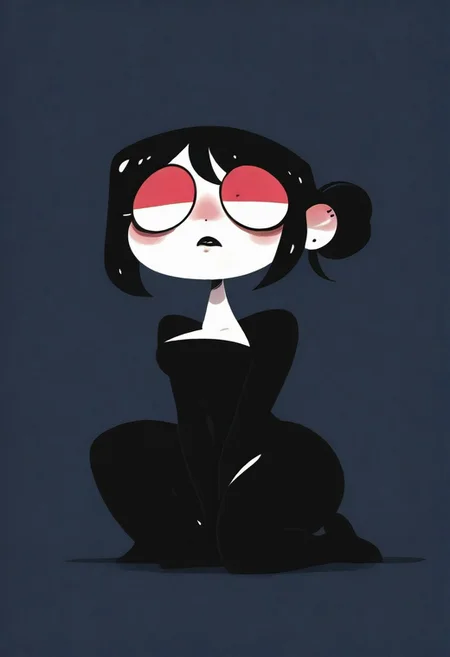 valbun, haiz_ai, (no lineart:1.1), (no outline:1.1), masterwork, masterpiece, best quality, dynamic lighting, dynamic pose, dynamic angle, detailed, (realistic:1.3), (lineless:1.4), shiny skin, 1girl, solo, fat face, sad eyes, red eyes, chubby body, fat arms, breasts, black hair, hair bun, swept bangs, (high_up:1.2), (pale_skin), (on_knees:1.1), (medium shot:1.1), goth, black lipstick, skimpy, seductive, tasseled, vintage, burlesque, surprised, (pink and black color scheme:1.2), simple background