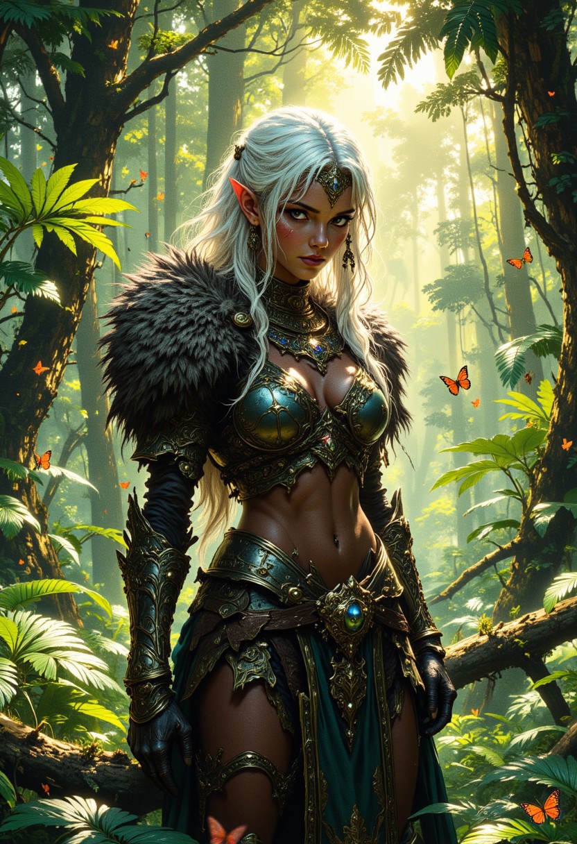 in the style of ck-ovf, a dark elf forest warrior woman, dark skin, white hair, sidelocks, bangs, dark eyeshadow, circlet, wearing a skimpy hide tunic, cleavage, facing viewer, direct gaze, standing in a lush, green forest.   The sun casts god rays, and butterflies fly languidly in the air