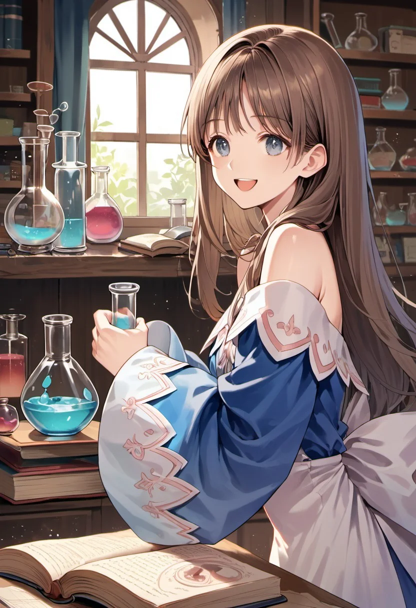 score_9, score_8_up, score_7_up, source_anime,totooria helmold, long hair, brown hair, greyish-blue eyes, blue sleeves, 1girl, solo, book, flask, test tube, smile, open mouth, detached sleeves, round-bottom flask, bare shoulders, window