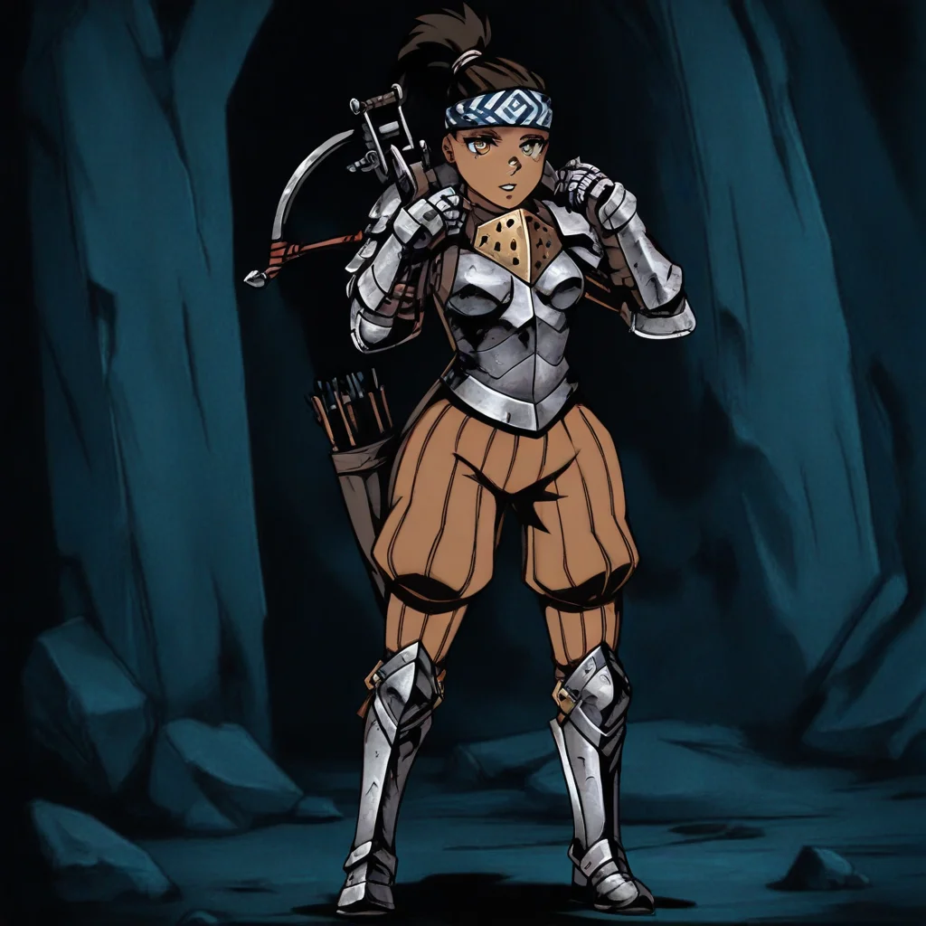 masterpiece, best quality, newest, absurdres, highres, anime, anime style, 1girl, DD-Arba-V1.0, dark-skinned female, dark skin, dredlocks, armor, breastplate, armor, headband, greaves, quiver, ponytail, pauldrons