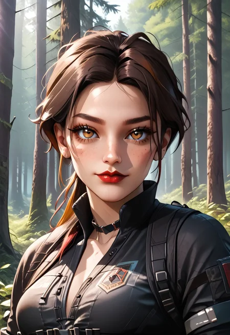 Score_9, Score_8_up, Score_7_up, BREAK, AliasCODMXL, lipstick, hazel eyes, brown hair, multicolored hair, ponytail, split bangs, black choker, medium breasts, harness, black shirt, rolled sleeves, individual focus, seductive smile, look at the viewer, forest,full body <lora:AliasCODMXL:0.8>