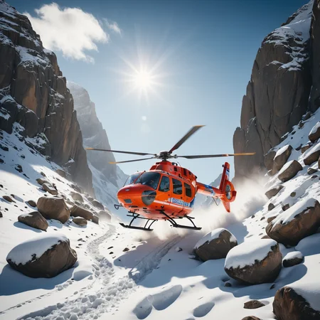 Helicopter making a daring mountain rescue, rotor wash kicking up snow and rocks., (digital cinematic color grading natural lighting cool shadows warm highlights soft focus actor directed cinematography dolbyvision :1.3)