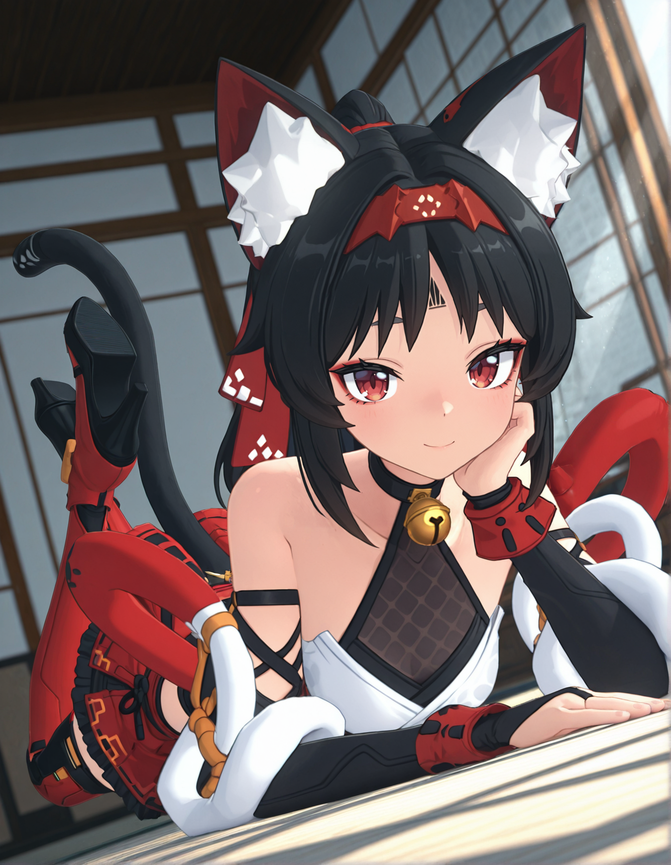 masterpiece,  best quality, newest, highres, absurdres,  <lora:Z_Style:1>,3d,1girl, red eyes, animal ears, black hair, tail, animal ear fluff, solo, on stomach, looking at viewer, cat ears, facial mark, lying, bell, high heels, cat tail, hairband, bangs, neck bell, closed mouth, smile, detailed background,light rays, dutch angle, reo