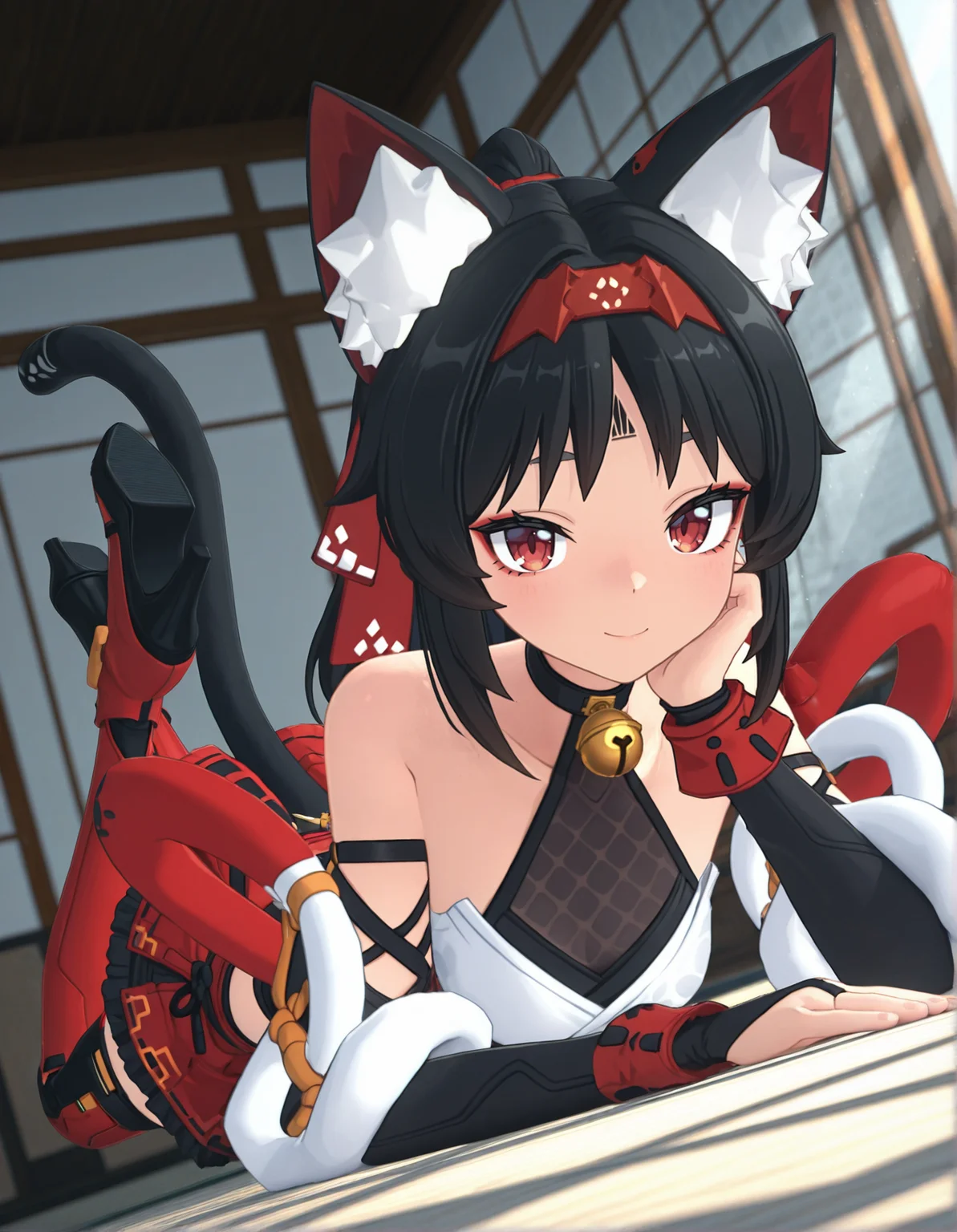 masterpiece, best quality, newest, highres, absurdres, <lora:Z_Style:1>,3d,1girl, red eyes, animal ears, black hair, tail, animal ear fluff, solo, on stomach, looking at viewer, cat ears, facial mark, lying, bell, high heels, cat tail, hairband, bangs, neck bell, closed mouth, smile, detailed background,light rays, dutch angle, reo