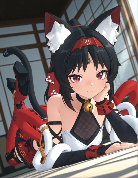 masterpiece, best quality, newest, highres, absurdres, <lora:Z_Style:1>,3d,1girl, red eyes, animal ears, black hair, tail, animal ear fluff, solo, on stomach, looking at viewer, cat ears, facial mark, lying, bell, high heels, cat tail, hairband, bangs, neck bell, closed mouth, smile, detailed background,light rays, dutch angle, reo