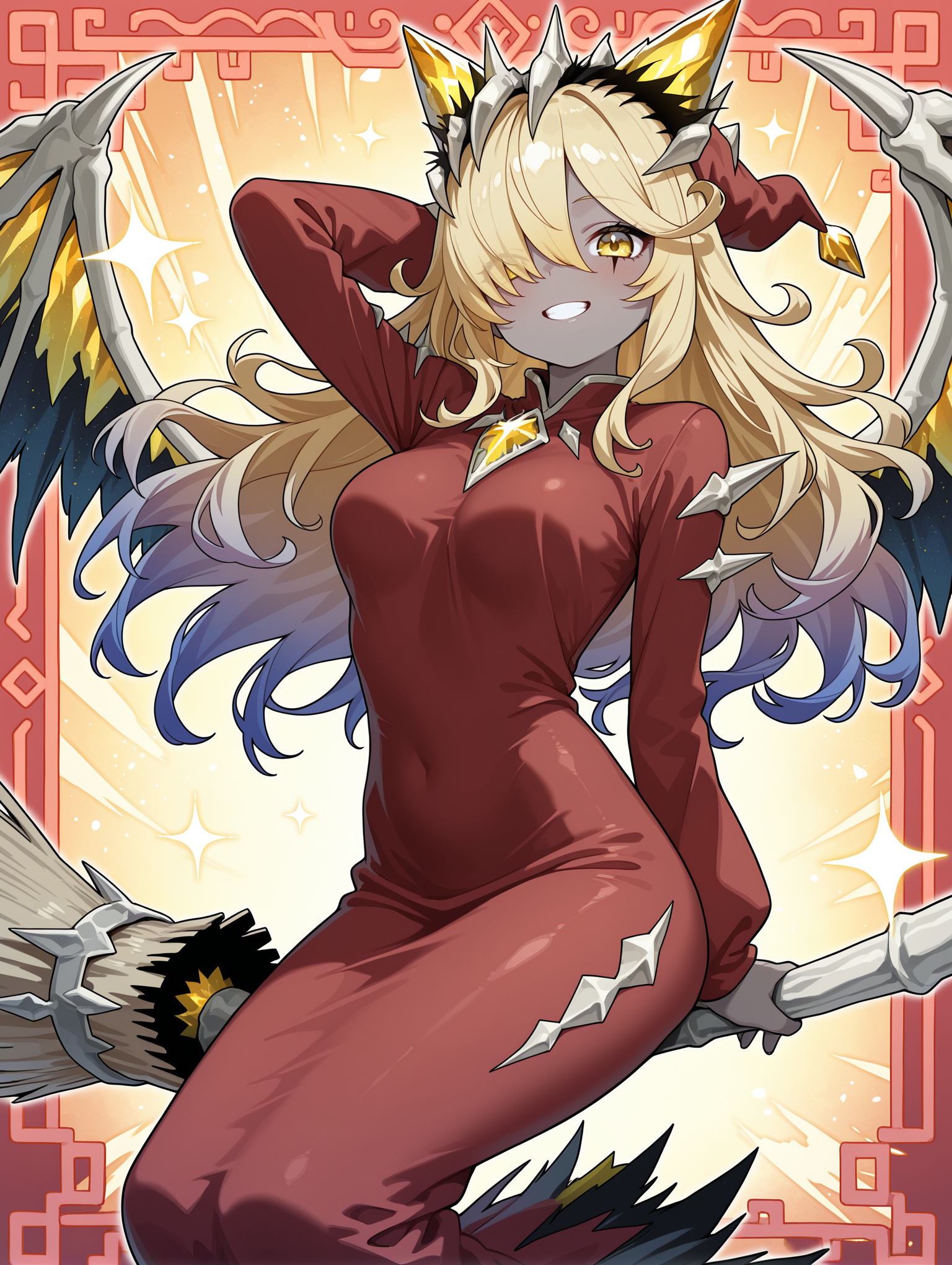 1girl, grey skin, mementotlan angwitch, solo, hair over one eye, smile, looking at viewer, demon girl, teeth, grin, arm behind head, broom, sparkle, medium breasts, gradient hair, facial mark, red headwear, red robe, broom riding, red frame,
masterpiece,best quality,amazing quality,very aesthetic,absurdres,newest,<lora:Mementotlan Angwitch & Mace illusXL v1.1:0.75>,