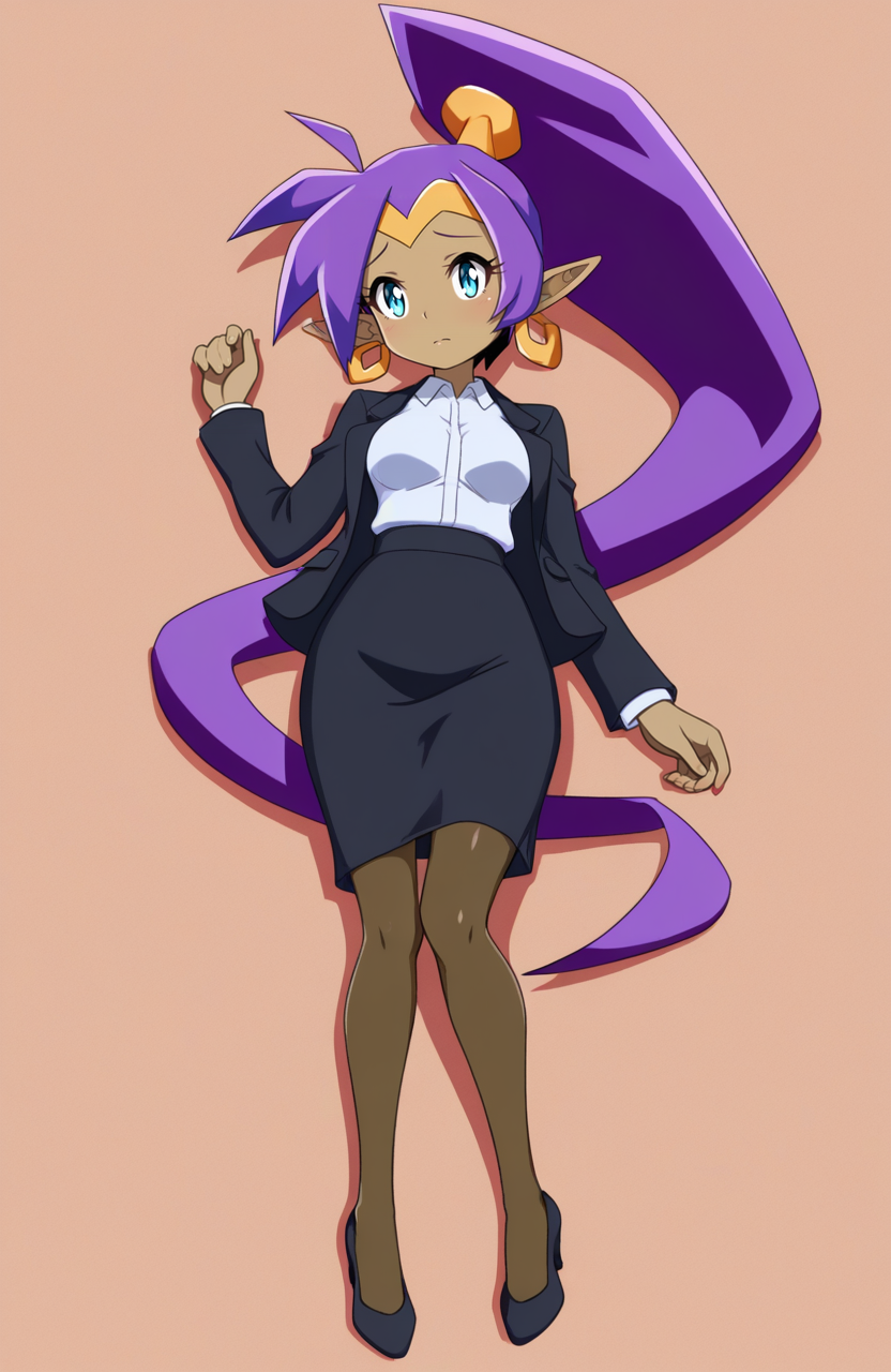1girl, solo, 
shantae, purple hair, very long hair, ponytail, pointy ears, dark-skinned female, office lady, open jacket, collared shirt, midi skirt, pantyhose, low heels,
lying, looking upward, soft and distant gaze, sad, gentle calm,  <lora:SevenSirens:1> svnsrn, extremely detailed, highres, masterpiece, best quality