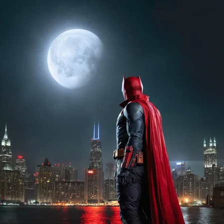 Hyperrealistic art of  <lora:Red Hood:1.2>
Red Hood a man in a costume standing in front of a full moon in Gotham city universe, Extremely high-resolution details, photographic, realism pushed to extreme, fine texture, incredibly lifelike