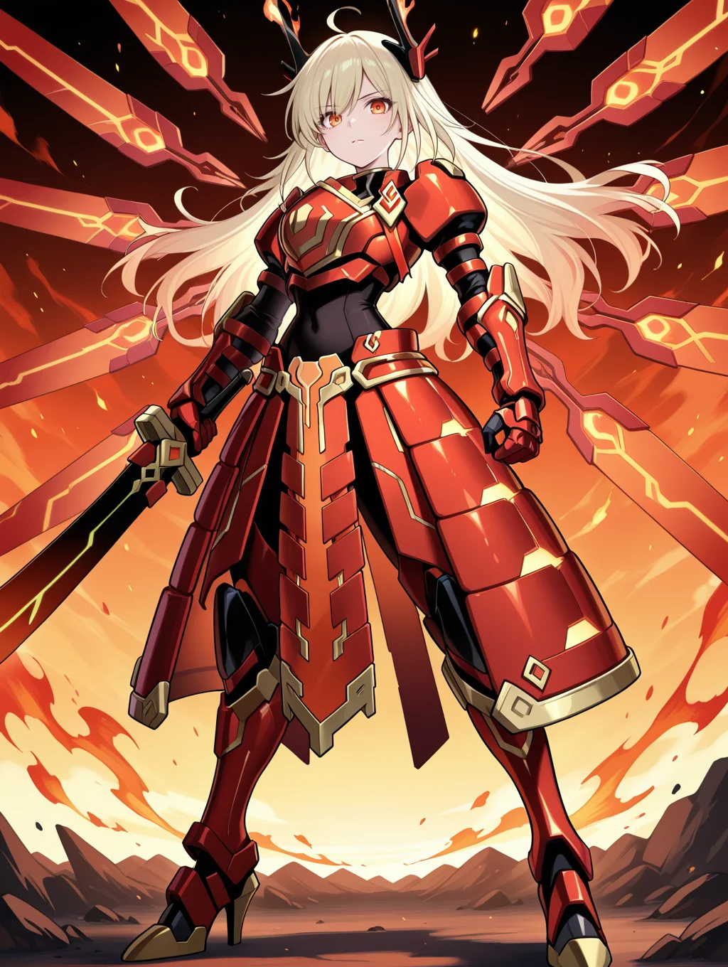 sky striker ace - raye,red power armor,mecha musume,official alternate costume,1girl,solo,red huge sword,looking at viewer,holding red huge sword,full body,standing,orange eyes,black bodysuit,red headgear,red sword wings,red armored gloves,red breastplate,red mechanical boots,serious,fiery background,
masterpiece,best quality,amazing quality,very aesthetic,absurdres,newest,<lora:Sky striker ace - kagari illusXL v1:0.7>,