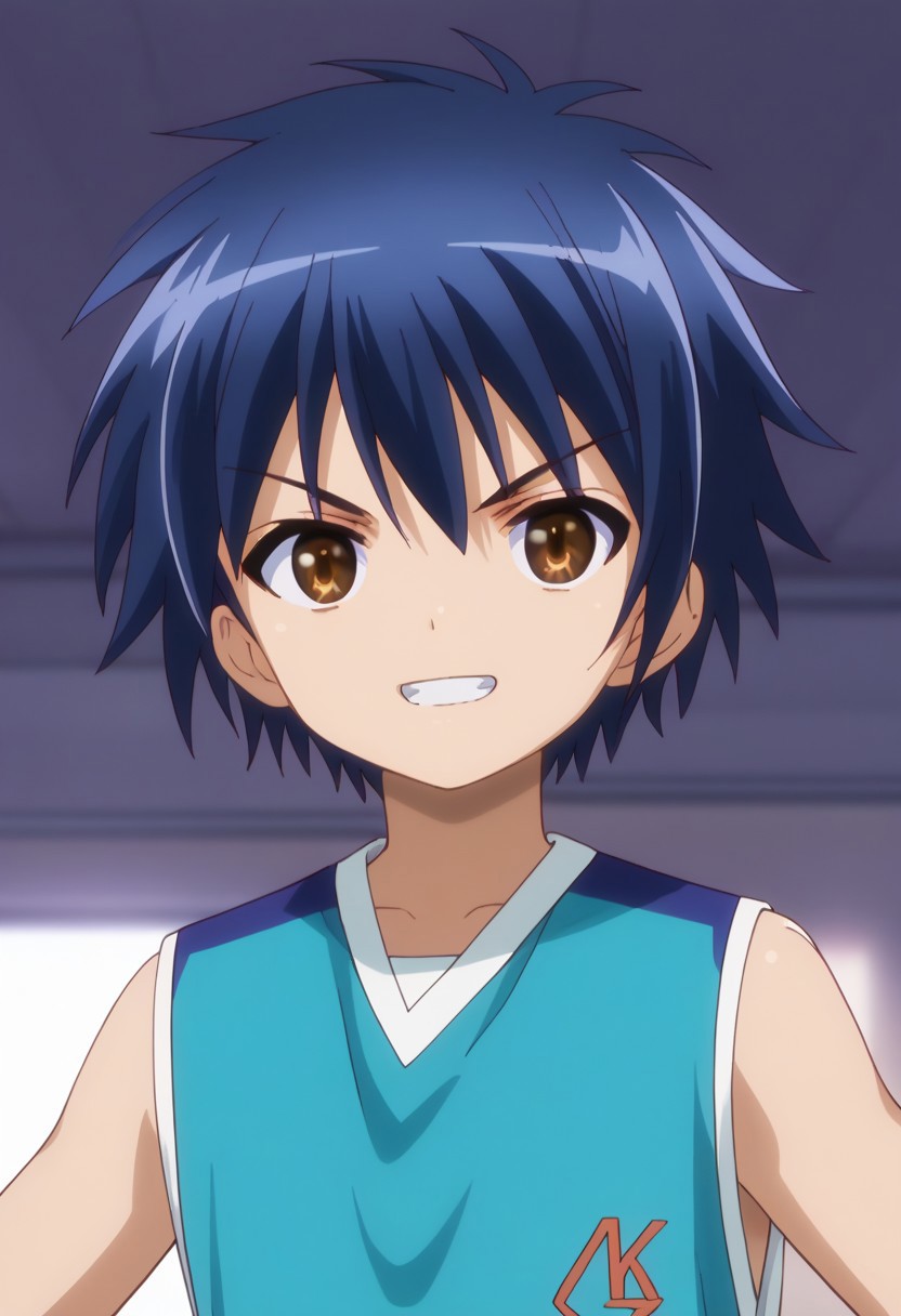 score_9, score_7_up, source_anime 
natsuhi, 1boy, male focus, solo, brown eyes, blue hair, bangs, sportwear, basketball uniform, shirt, blue shirt, sleeveless, indoor, grin, upper body